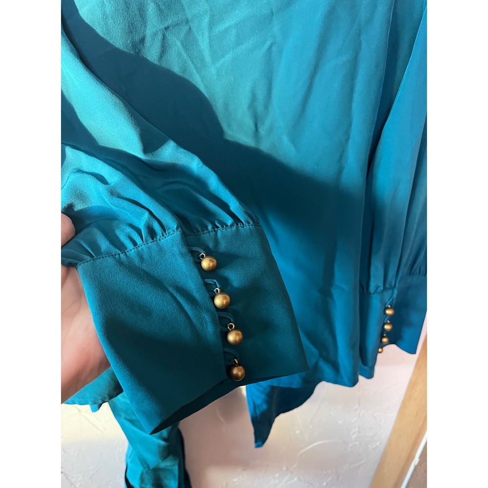 DIANE VON FURSTENBERG Silk Teal Ruffle Front Wrap‎ Blouse Size 10 - Picture 4 of 5